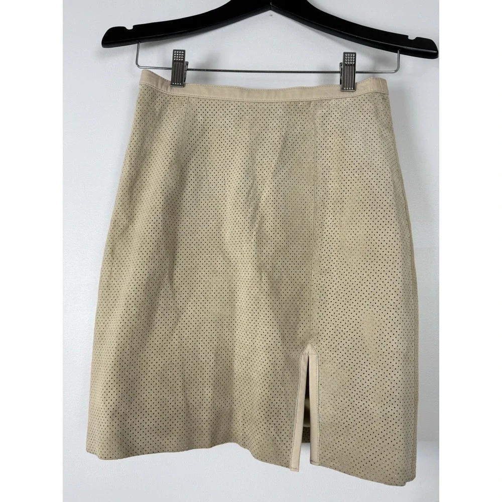 Vintage 80s Suede Leather‎ Mini Skirt Size 4 Paolo Santini Cream Tan Taupe